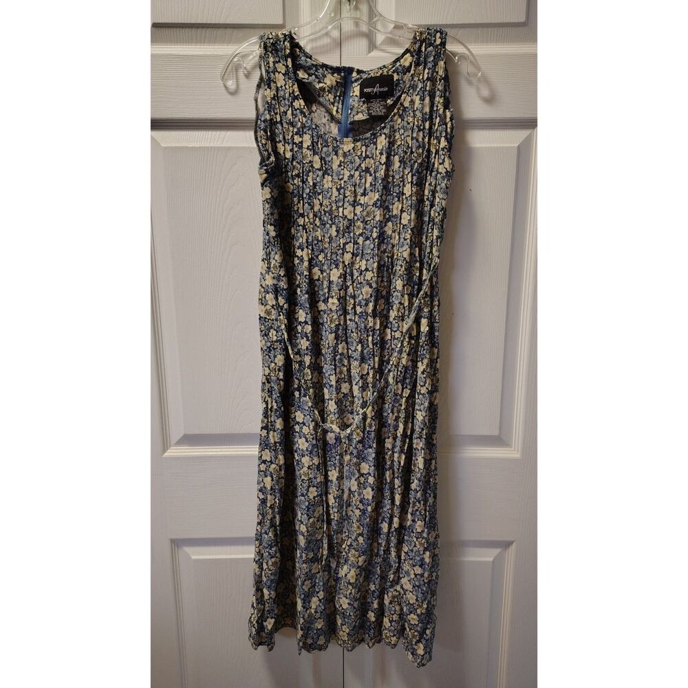 Vintage Positive Attitude Floral Crinkle Midi Jumper Dress Blue Size 12 Petite